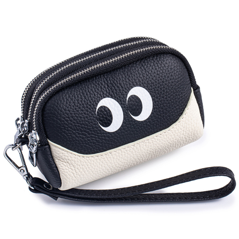Novčanik za kovance s tri zipa, od prave kože (prvi sloj teleće kože), poliester podstava, ženski dnevni clutch