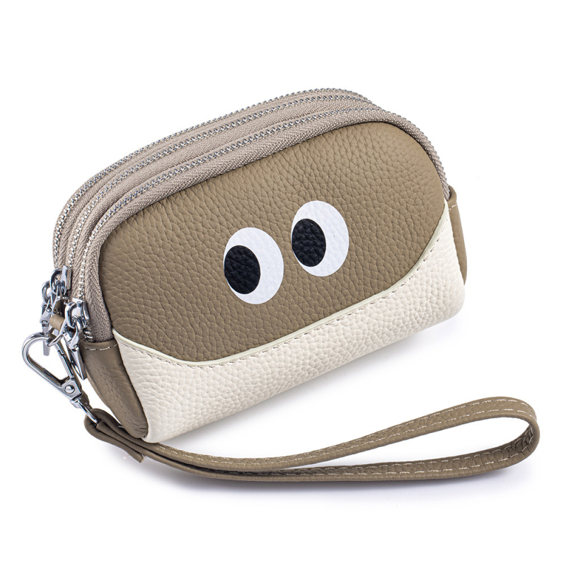 Novčanik za kovance s tri zipa, od prave kože (prvi sloj teleće kože), poliester podstava, ženski dnevni clutch