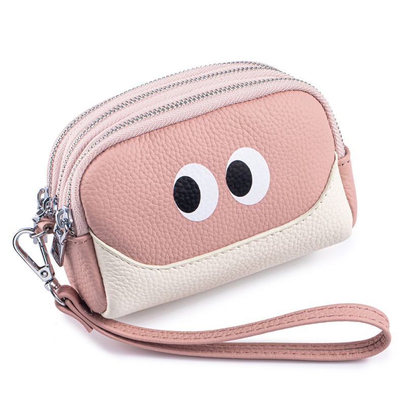Novčanik za kovance s tri zipa, od prave kože (prvi sloj teleće kože), poliester podstava, ženski dnevni clutch