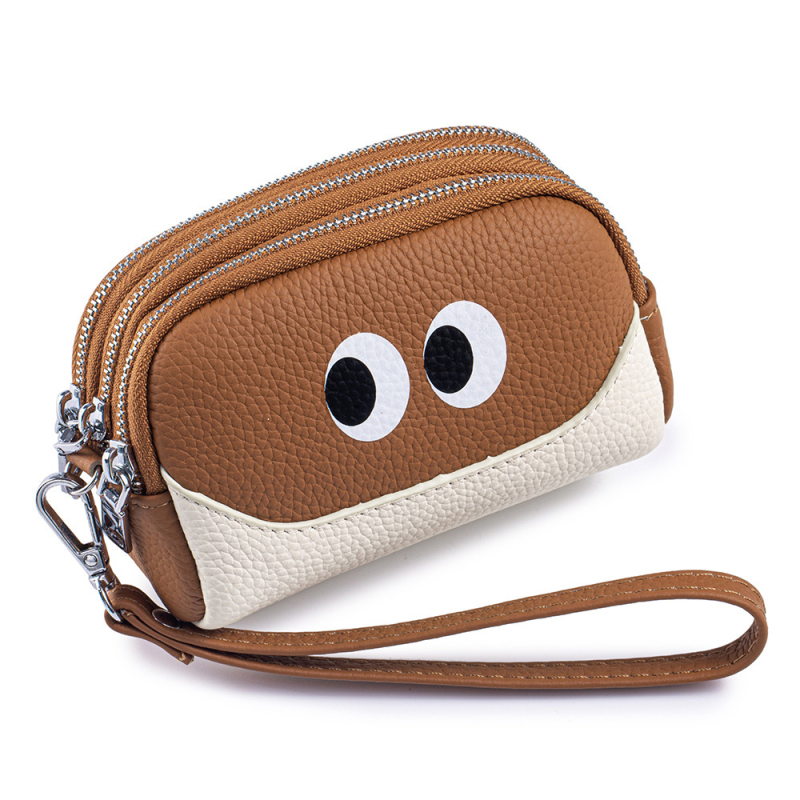 Novčanik za kovance s tri zipa, od prave kože (prvi sloj teleće kože), poliester podstava, ženski dnevni clutch