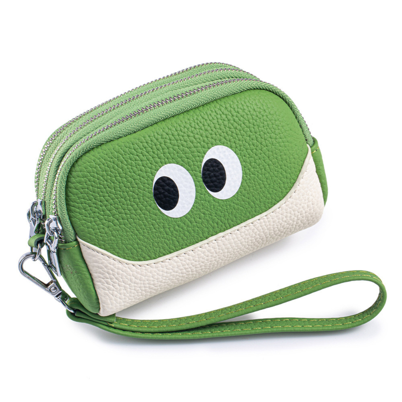 Novčanik za kovance s tri zipa, od prave kože (prvi sloj teleće kože), poliester podstava, ženski dnevni clutch