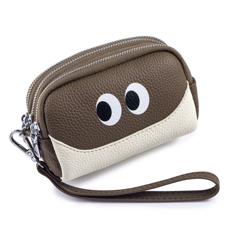 Novčanik za kovance s tri zipa, od prave kože (prvi sloj teleće kože), poliester podstava, ženski dnevni clutch