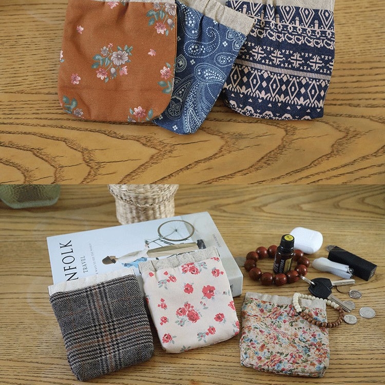 Lanena mini torbica s cvjetnim uzorkom, unisex, podstavljena pamukom, za novčiće, ključeve i kartice