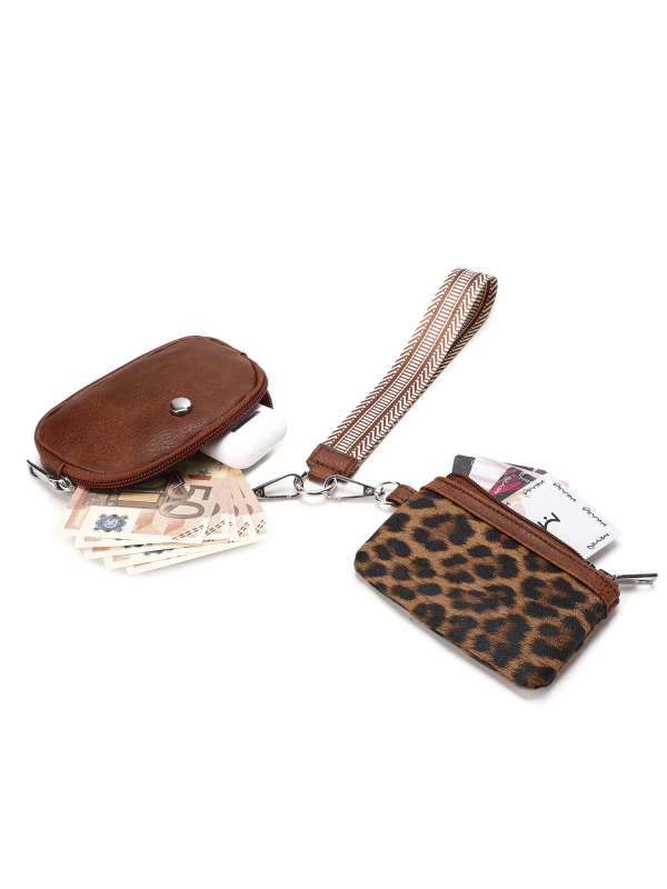 Leopard uzorak mini novčanik sa zapetom za zapešće, 2-dijelni set, odvojivi novčanik za kovanice