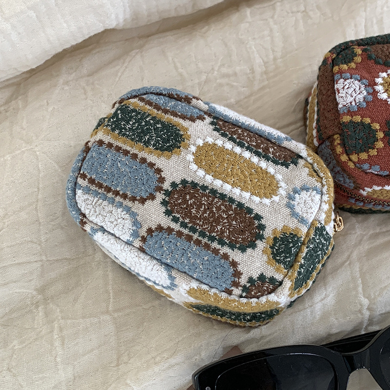 Vezeni novčanik za kovanice s geometrijskim uzorkom, pamuk i laneno vlakno, podstava od platna, unisex, gradski minimalistički stil