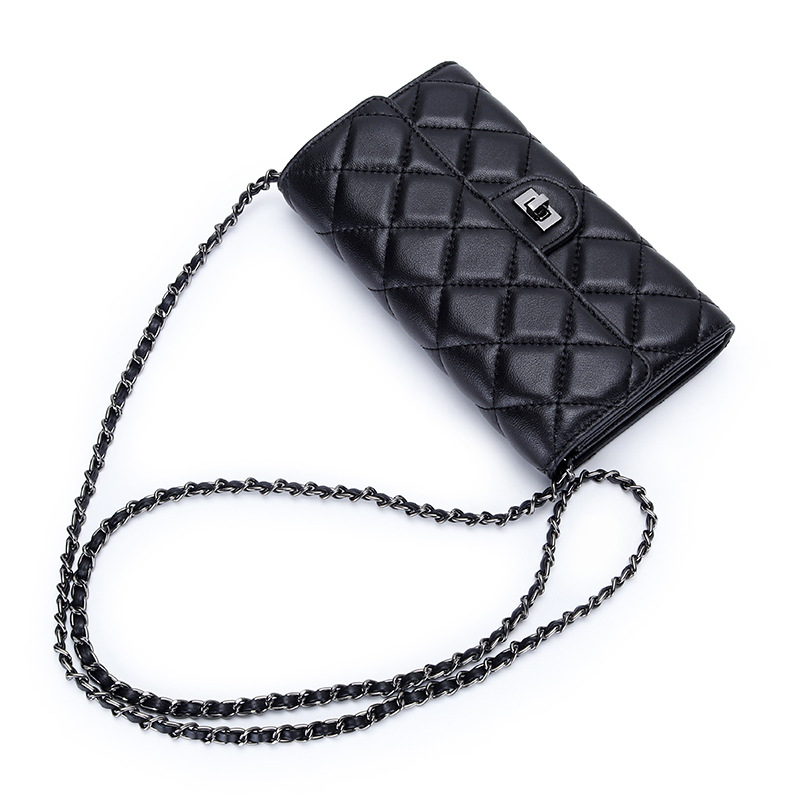 Ženski novčanik od prave kože, crossbody s lancem, izvezen dijamantnim šavom uzorkom, velik kapacitet za telefon