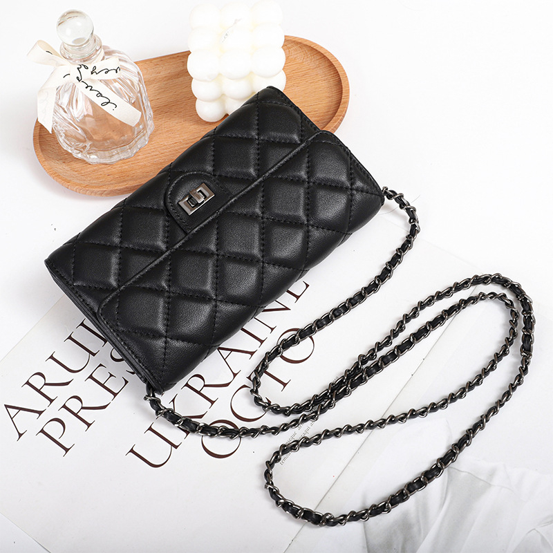 Ženski novčanik od prave kože, crossbody s lancem, izvezen dijamantnim šavom uzorkom, velik kapacitet za telefon