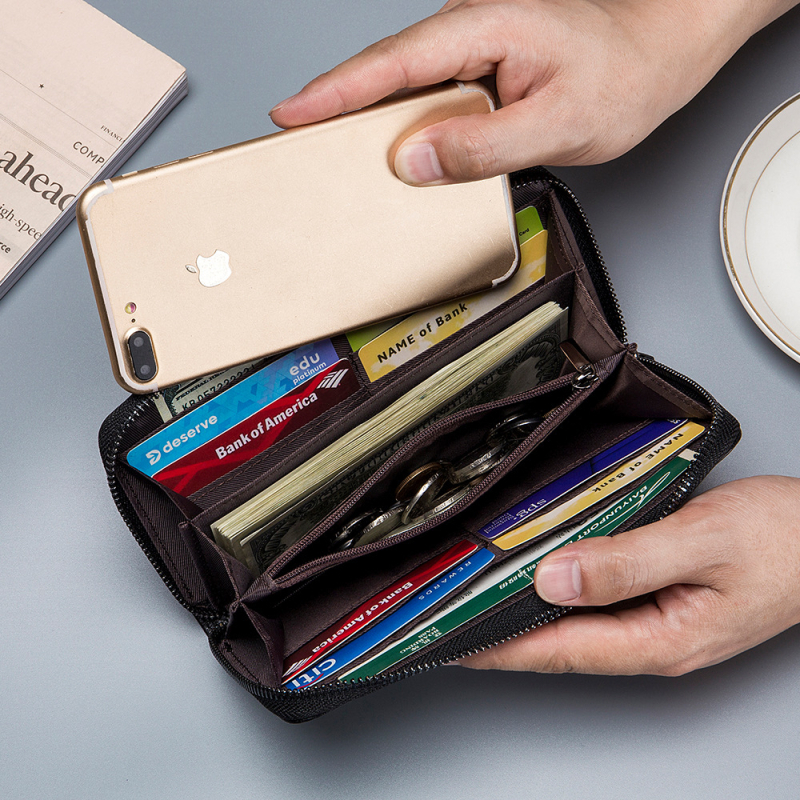 Portofel lung din piele de capră, lucrat manual, cu fermoar, capacitate mare pentru telefon