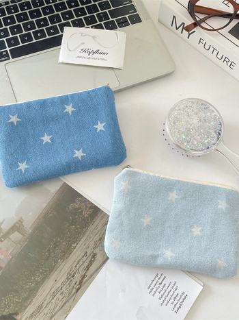 Denim csillagmintás érmes pénztárca, vászon bélés, rúzs és smink tárolására, fiatalos campus stílus, uniszex