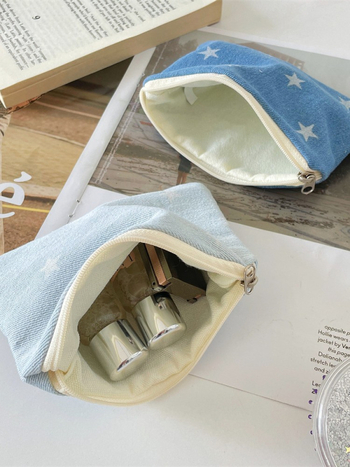 Denim csillagmintás érmes pénztárca, vászon bélés, rúzs és smink tárolására, fiatalos campus stílus, uniszex