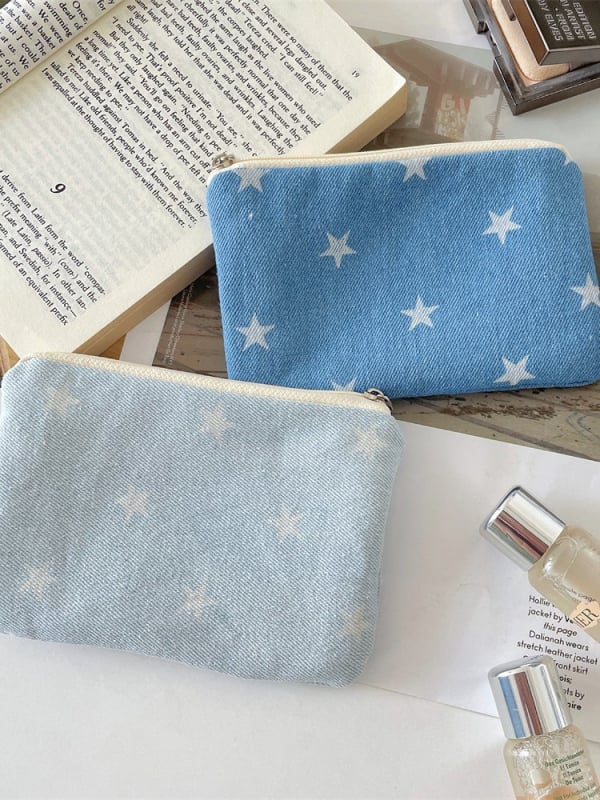 Denim csillagmintás érmes pénztárca, vászon bélés, rúzs és smink tárolására, fiatalos campus stílus, uniszex