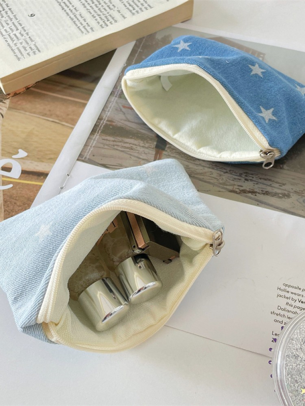 Denim csillagmintás érmes pénztárca, vászon bélés, rúzs és smink tárolására, fiatalos campus stílus, uniszex