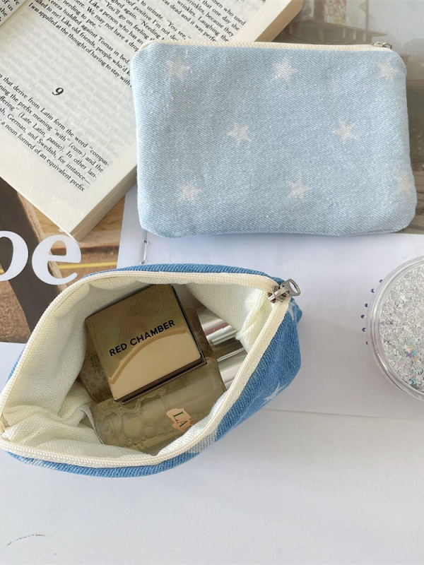 Denim csillagmintás érmes pénztárca, vászon bélés, rúzs és smink tárolására, fiatalos campus stílus, uniszex