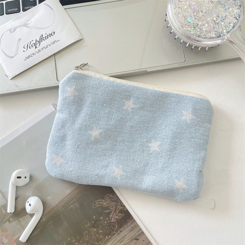 Denim csillagmintás érmes pénztárca, vászon bélés, rúzs és smink tárolására, fiatalos campus stílus, uniszex