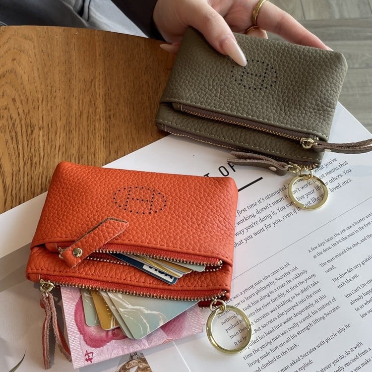 Γυναικεία θήκη για κέρματα από γνήσιο δέρμα πρώτης στρώσης, επένδυση πολυεστέρα, λειτουργία επέκτασης