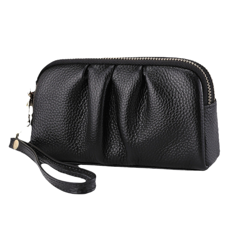 Geantă clutch pentru femei, multifuncțională, din piele naturală de vită, textură pebble cu pliuri, capacitate mare, închidere cu fermoar