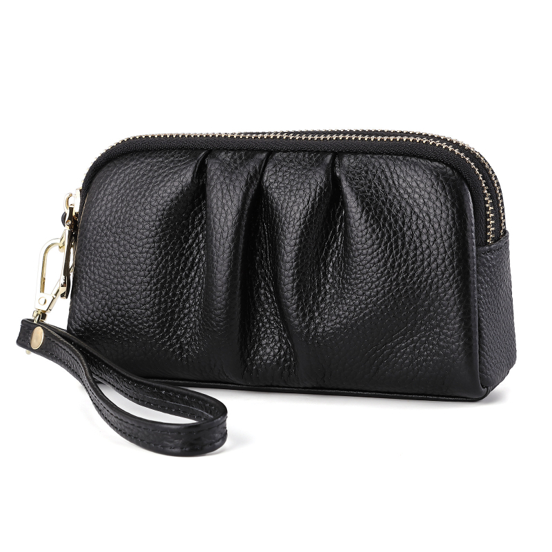 Geantă clutch pentru femei, multifuncțională, din piele naturală de vită, textură pebble cu pliuri, capacitate mare, închidere cu fermoar