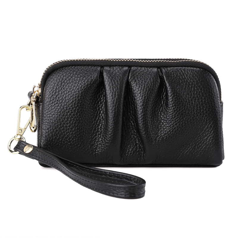 Geantă clutch pentru femei, multifuncțională, din piele naturală de vită, textură pebble cu pliuri, capacitate mare, închidere cu fermoar