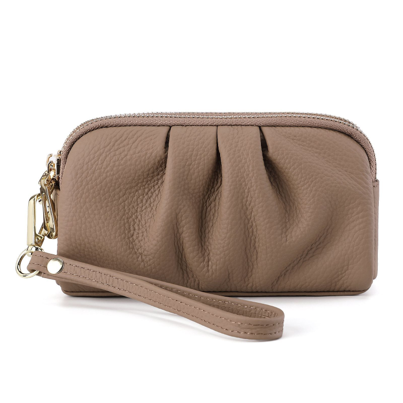 Geantă clutch pentru femei, multifuncțională, din piele naturală de vită, textură pebble cu pliuri, capacitate mare, închidere cu fermoar