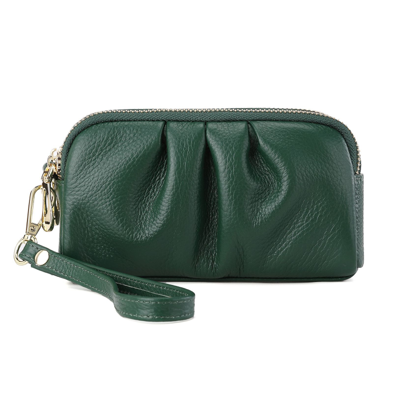 Geantă clutch pentru femei, multifuncțională, din piele naturală de vită, textură pebble cu pliuri, capacitate mare, închidere cu fermoar