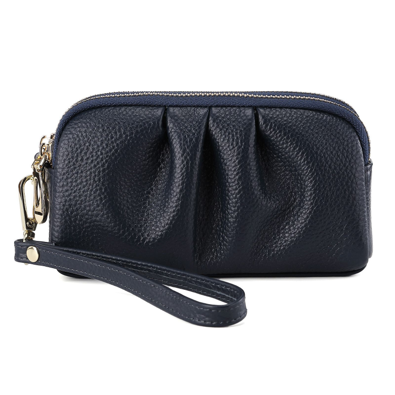 Geantă clutch pentru femei, multifuncțională, din piele naturală de vită, textură pebble cu pliuri, capacitate mare, închidere cu fermoar