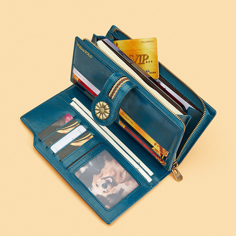 Ženski novčanik od prave kože, bifold, dvostruka teleća koža, jednostavan jednobojni dizajn, protiv krađe, patentni zatvarač, model 228170