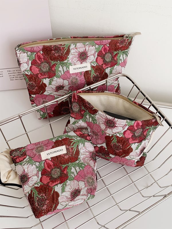 Καλλυντική τσάντα – φλοράλ ζακάρ, πολυεστέρας, επένδυση από καμβά, γυναικεία clutch