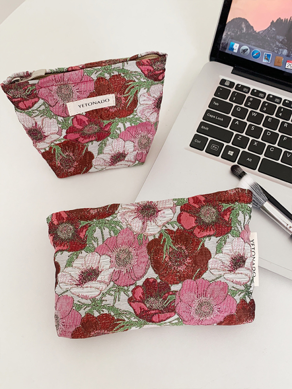 Καλλυντική τσάντα – φλοράλ ζακάρ, πολυεστέρας, επένδυση από καμβά, γυναικεία clutch