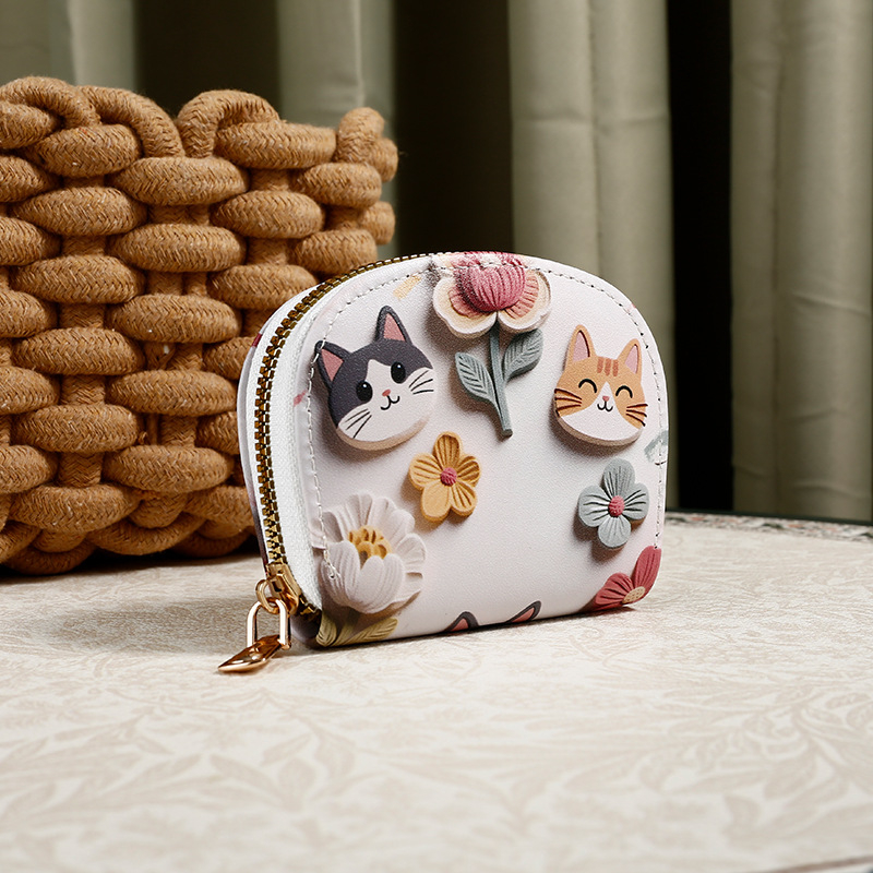 Монетник с котешки принт и кардхолдър за момичета, PU кожа, 11 слота за карти, подплата полиестер, есен 2025