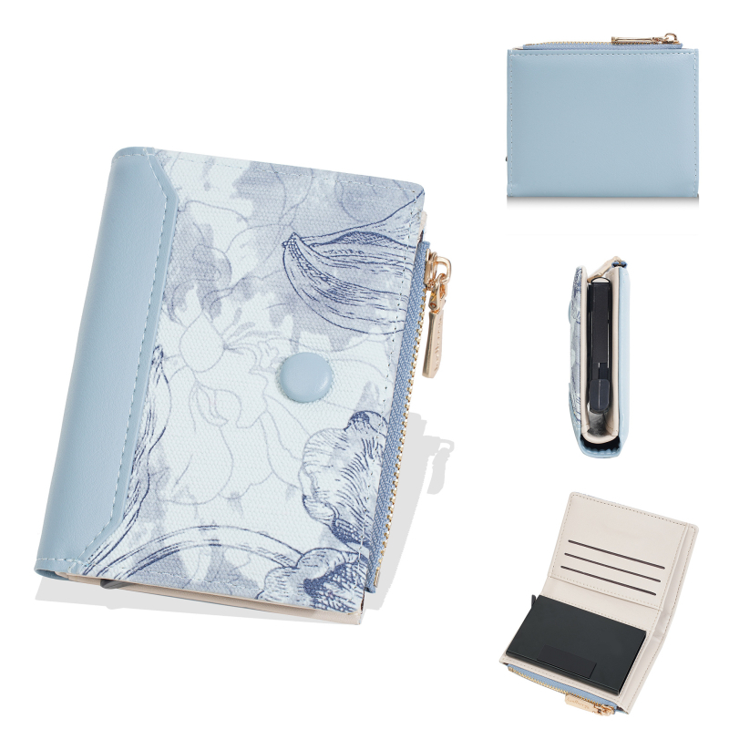 Γυναικείο κοντό πορτοφόλι από PU δέρμα, με ενσωματωμένη θήκη καρτών, πολλαπλές θέσεις για κάρτες, εκτύπωση τοπίου, ρετρό στυλ