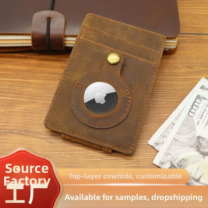 Suport pentru carduri cu Apple Tracker, piele naturală, Crazy Horse, sloturi multiple pentru carduri, căptușeală din piele de vițel, personalizare logo