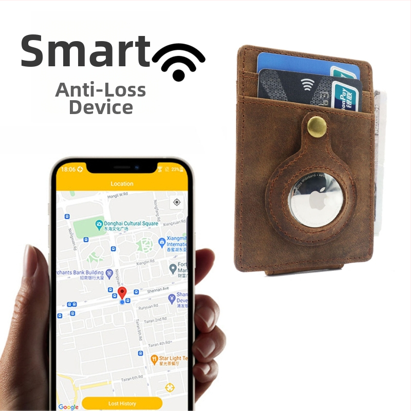 Suport pentru carduri cu Apple Tracker, piele naturală, Crazy Horse, sloturi multiple pentru carduri, căptușeală din piele de vițel, personalizare logo