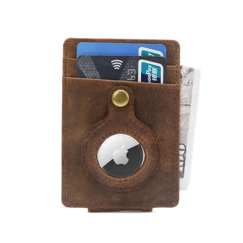 Suport pentru carduri cu Apple Tracker, piele naturală, Crazy Horse, sloturi multiple pentru carduri, căptușeală din piele de vițel, personalizare logo