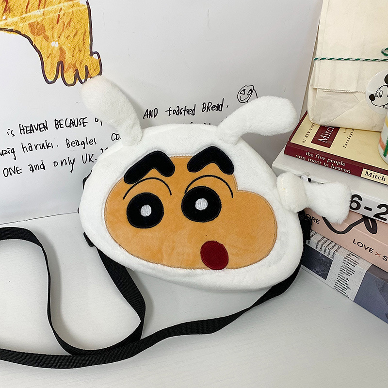 Plušasti crossbody novčanik sa Shin-chan likom — najlon materijal, ovalni oblik, zatvarač, džep za mobitel, jednostruki remen
