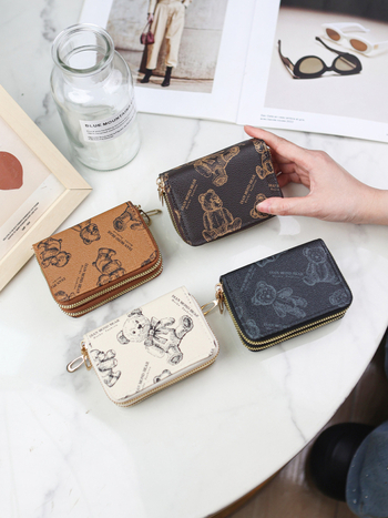 Senlina Portcard din PU cu fermoar dublu, imprimeu ursuleț desen animat, mai multe sloturi pentru carduri