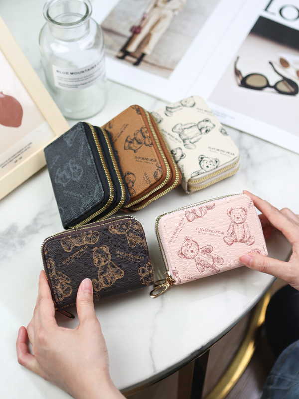 Senlina Portcard din PU cu fermoar dublu, imprimeu ursuleț desen animat, mai multe sloturi pentru carduri