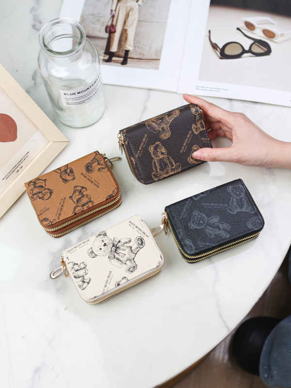 Senlina Portcard din PU cu fermoar dublu, imprimeu ursuleț desen animat, mai multe sloturi pentru carduri