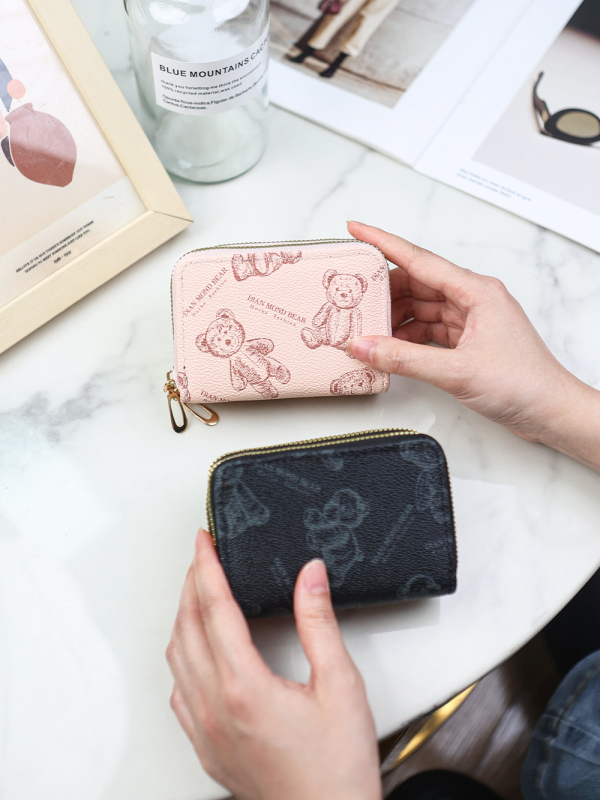 Senlina Portcard din PU cu fermoar dublu, imprimeu ursuleț desen animat, mai multe sloturi pentru carduri