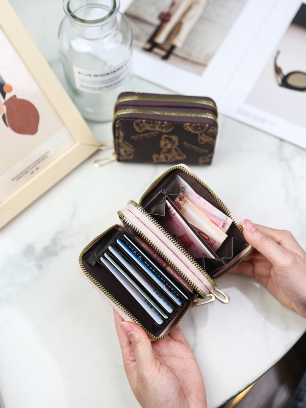 Senlina Portcard din PU cu fermoar dublu, imprimeu ursuleț desen animat, mai multe sloturi pentru carduri