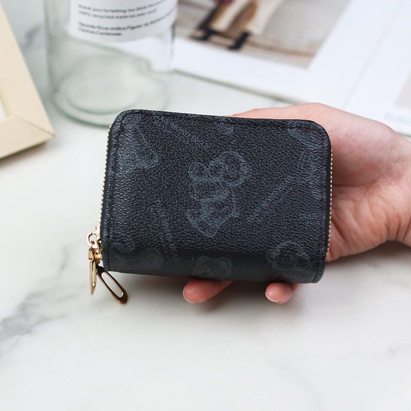 Senlina Portcard din PU cu fermoar dublu, imprimeu ursuleț desen animat, mai multe sloturi pentru carduri