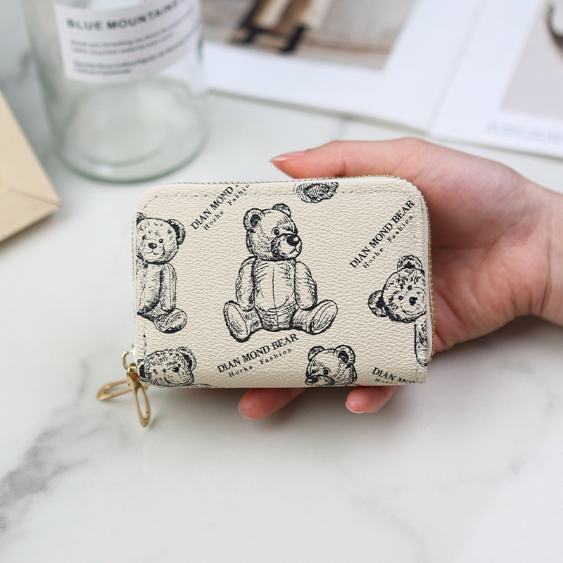 Senlina Portcard din PU cu fermoar dublu, imprimeu ursuleț desen animat, mai multe sloturi pentru carduri
