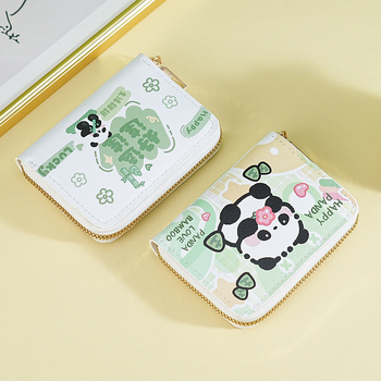 Компактен портфейл за монети и карти, дамски с дизайн на panda, портмоне с цип, голям капацитет, защита срещу кражба и магнитни карти