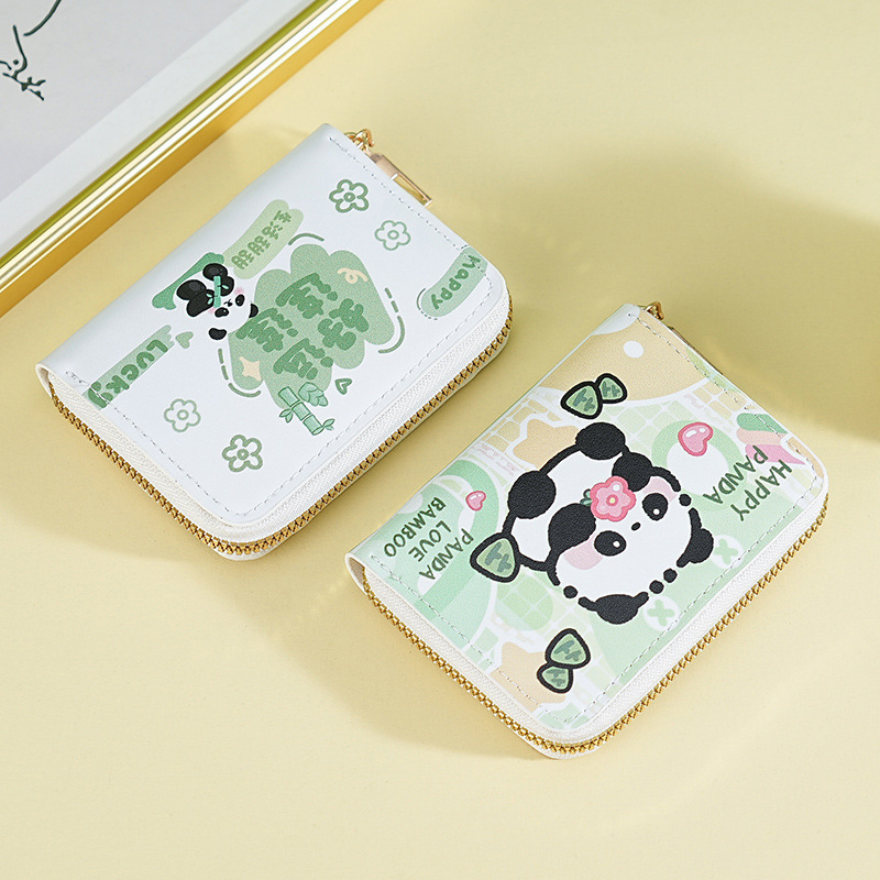 Компактен портфейл за монети и карти, дамски с дизайн на panda, портмоне с цип, голям капацитет, защита срещу кражба и магнитни карти