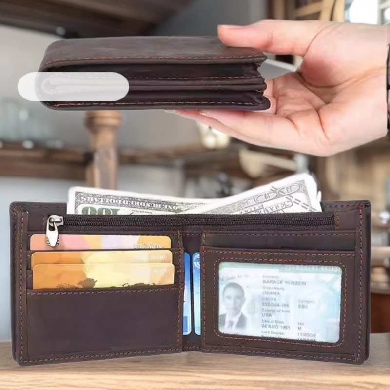 Pánska krátka peňaženka z Crazy Horse kože - pravá koža prvej vrstvy hovädzej kože, Wei Liang značka, organizér na karty a hotovosť, podšívka z polyesteru a bavlny