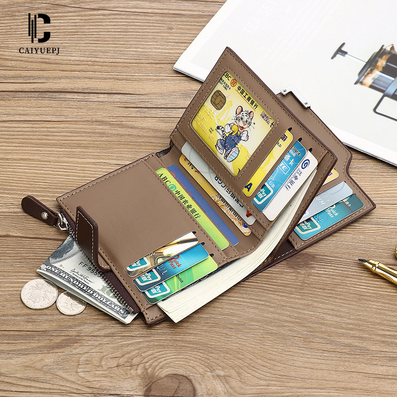 Férfi függőleges PU pénztárca cipzárral és csattal, ultra könnyű, három hajtásos dizájn