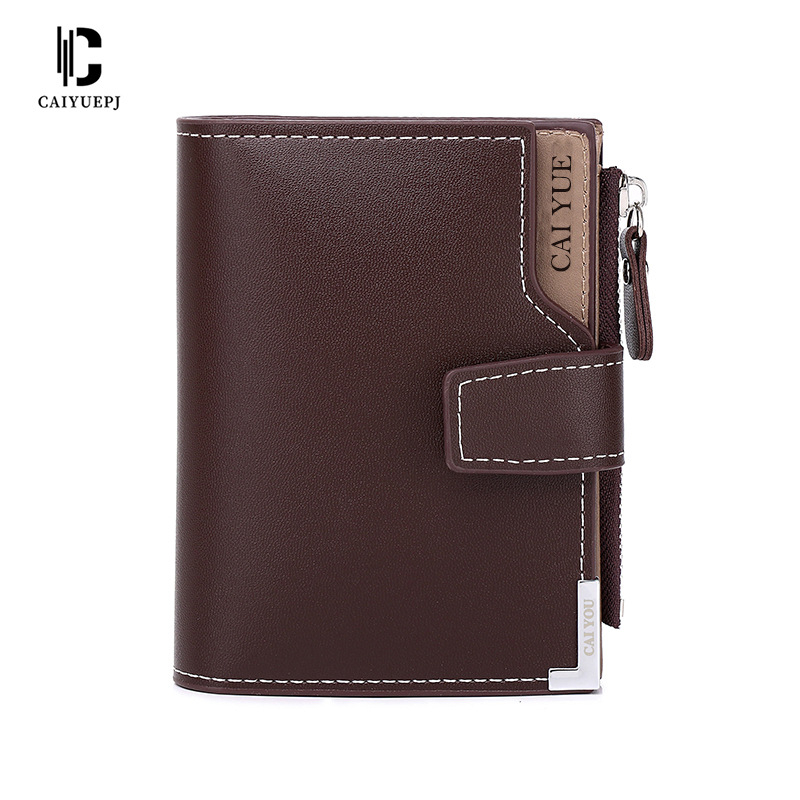 Férfi függőleges PU pénztárca cipzárral és csattal, ultra könnyű, három hajtásos dizájn