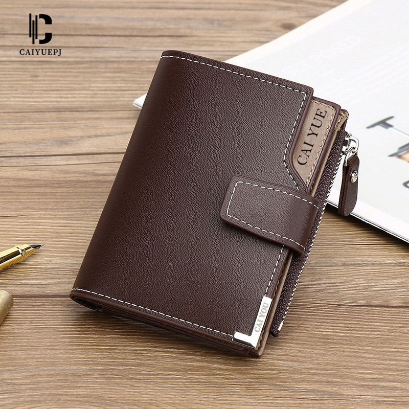 Férfi függőleges PU pénztárca cipzárral és csattal, ultra könnyű, három hajtásos dizájn