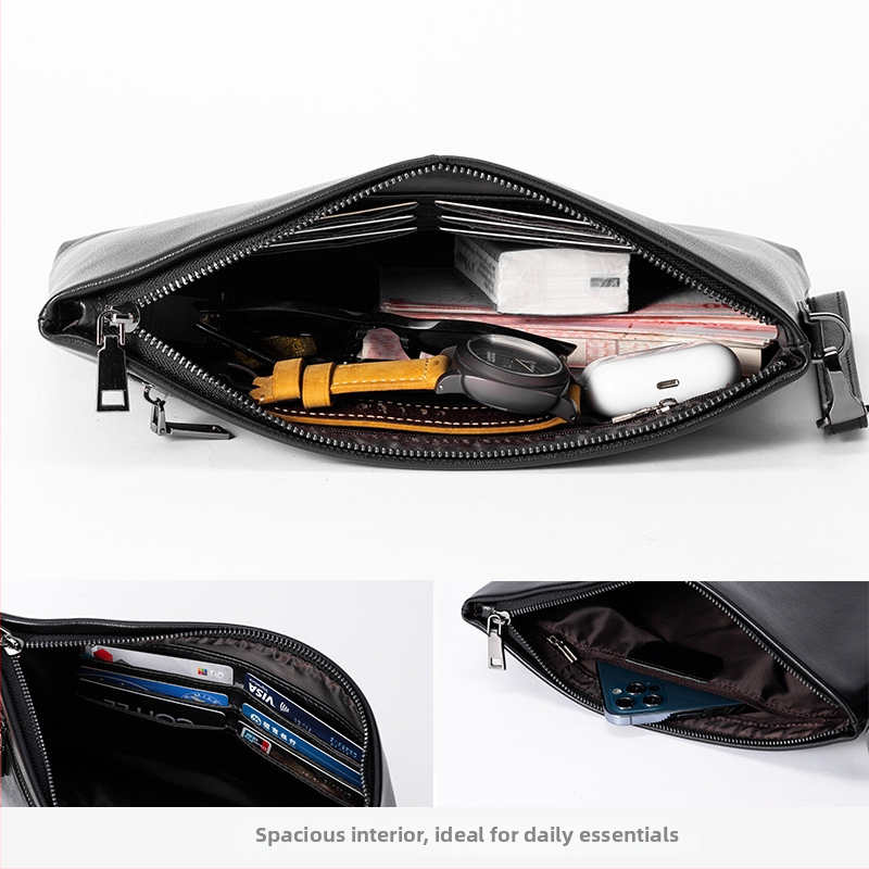 Muška kožna clutch torba, u stilu envelopea, s anti-kradom, višedijelna, prva sloj goveđe kože, gradski minimalizam
