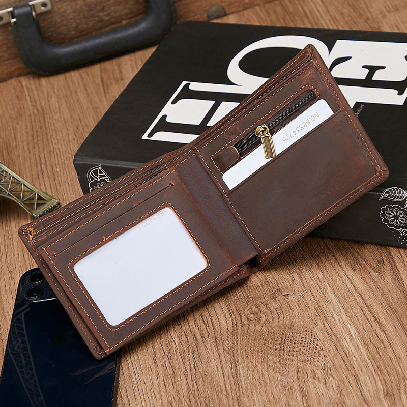 RFID-védett bőr férfi pénztárca, bi-fold, több kártyatartó hellyel