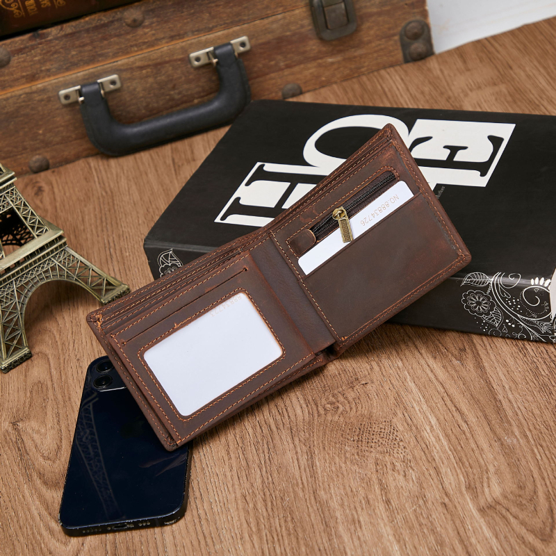 RFID-védett bőr férfi pénztárca, bi-fold, több kártyatartó hellyel